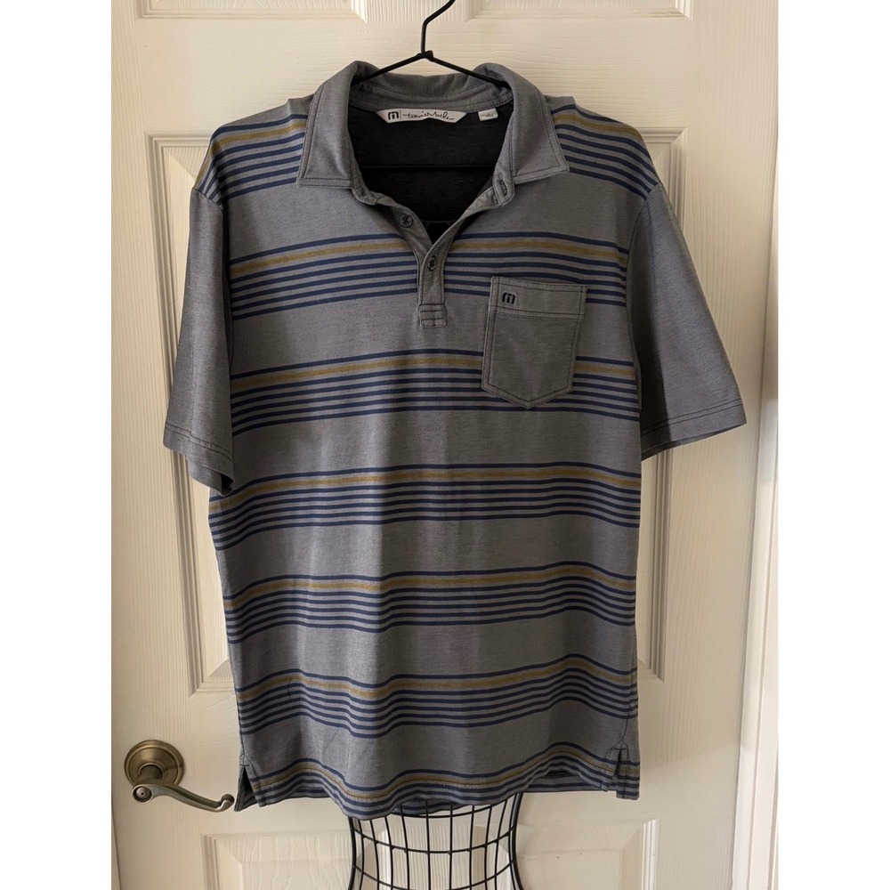 TravisMathew Men's Large Gray Striped Golf Polo Shirt Pocket Logo